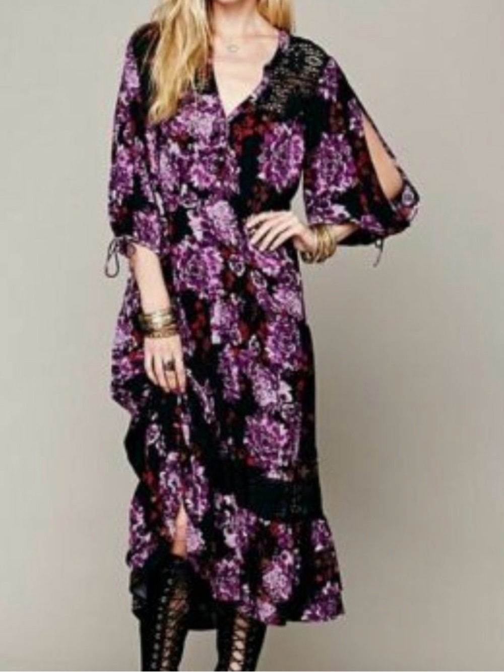 Free People Breathing Jasmine Floral Crochet Maxi Dress with Split Sleeves